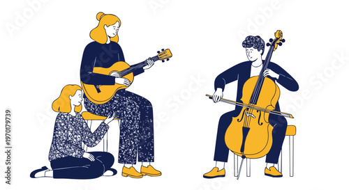 Flat vector musicians playing acoustic guitar and cello