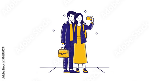 Couple taking a selfie on a city street vector illustration