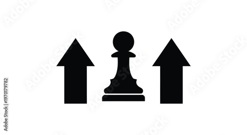 A stark chess piece the king is flanked by two upward pointing arrows in a minimalist silhouette
