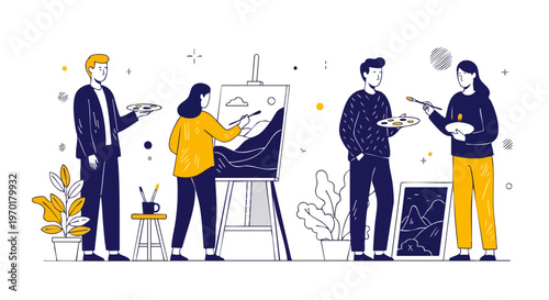 Artists painting in creative studio flat vector illustration