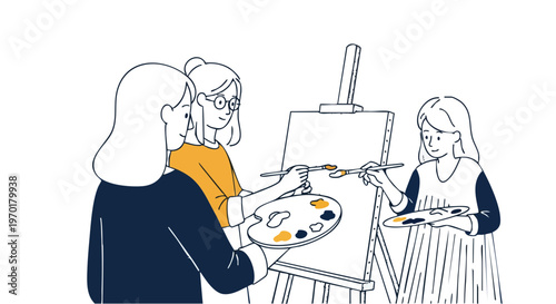 Three young women collaborating on a painting in an art class vector