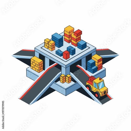 Isometric illustration of a multi-level logistics hub with a forklift and cargo.