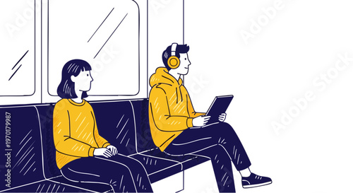 People commuting on a subway train with man using a tablet