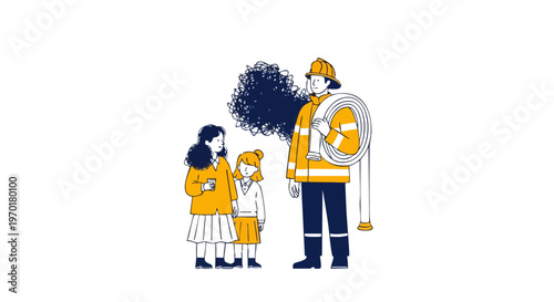 Firefighter in Uniform with Coiled Hose and Two School Girls