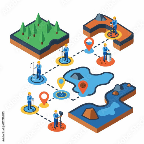 Isometric Map with Surveyors and Geographic Features Illustrating Land Measurement and Mapping.
