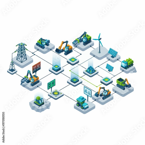 Isometric Industrial Network with Construction Vehicles and Energy Infrastructure.