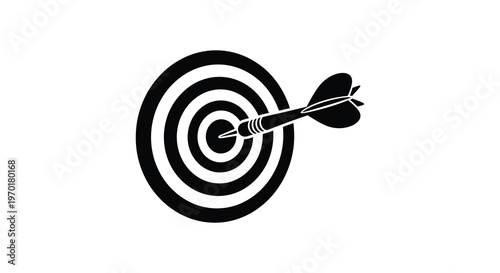 A striking black and white image depicts a dart hitting the bullseye of a target a perfect shot silhouette