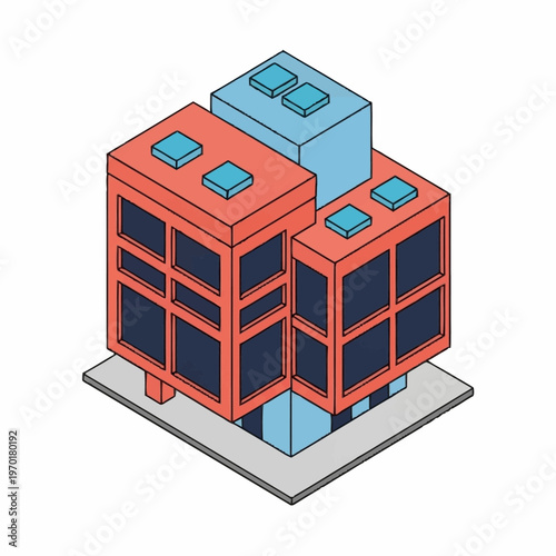 Isometric modern city building with geometric design.