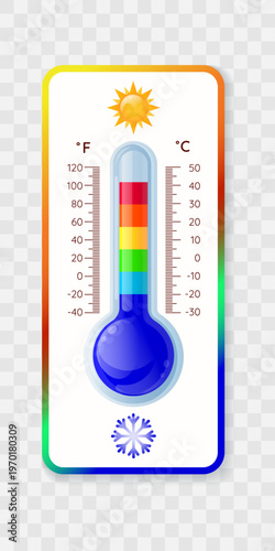 Thermometer 3D isolated on transparent background. Temperature icon. Low and hot temperature icon. Element for websites, logo, weather forecast. Colourful thermometer. Vector illustration.