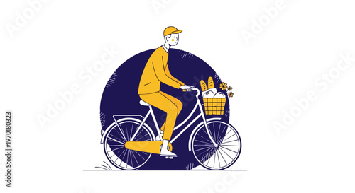 Young Man Riding Bicycle with Grocery Basket and Flowers