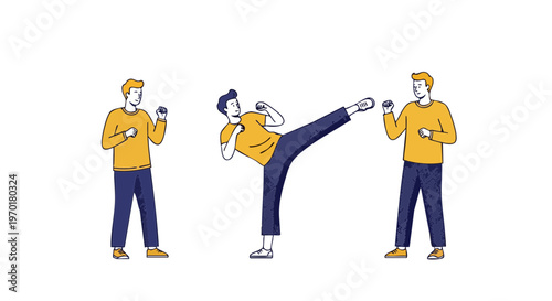 Men Training Martial Arts and Performing High Kick Illustration