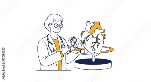 Female cardiologist examining anatomical heart model for research