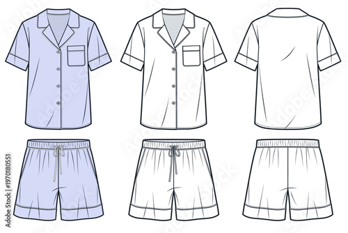 Women Pyjamas Set Fashion Flat Technical Drawing Featuring Short Sleeve Shirt and Shorts Front Back Views