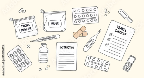 Sketch style pharmaceutical pills and medication packaging isolated on transparent background for medical and health concepts