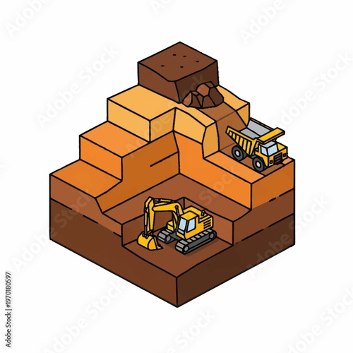 Isometric view of a construction site with excavation and heavy machinery.