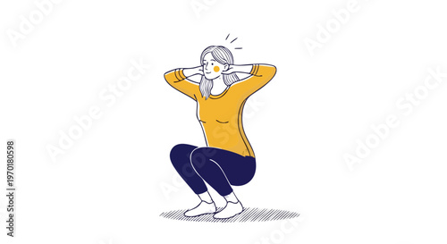 Young woman doing squat exercise in line art style