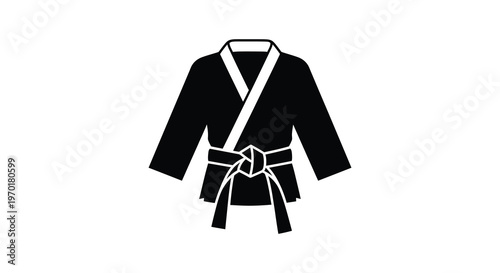 A black judo gi or uniform with a white belt is displayed as a striking silhouette high quality