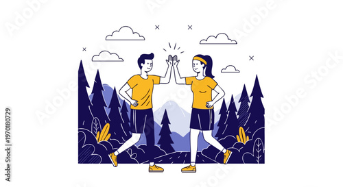 Running Partners Giving High Five on a Forest Trail Vector