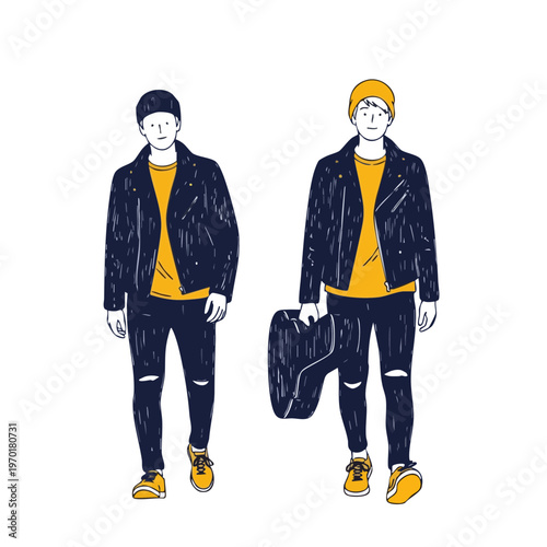 Stylish young men in leather jackets carrying a guitar case vector