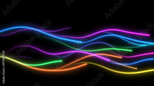Glowing wavy lines, various colors on black background, abstract design