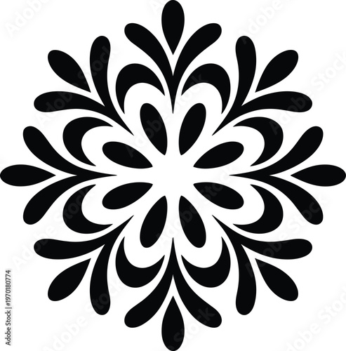 Black and white symmetrical floral starburst pattern with petal shapes with white background with graphic element with stylized element with abstract design with traditional design with art nouveau