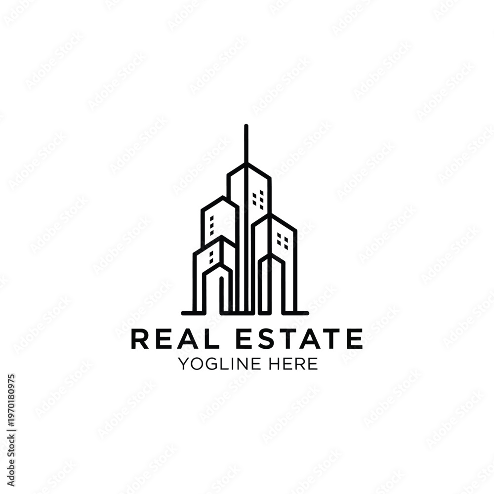Fototapeta premium Creative real estate logo with urban skyscrapers and tagline for company brand.