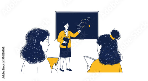 Female teacher explaining a diagram on a blackboard to students