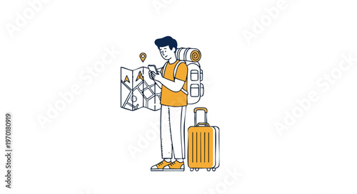 Young male traveler using smartphone for GPS navigation vector