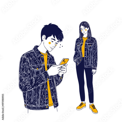 Tech Savvy Teenagers in Denim Jackets Using Smartphone