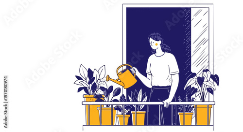 Woman watering plants on a balcony urban gardening illustration