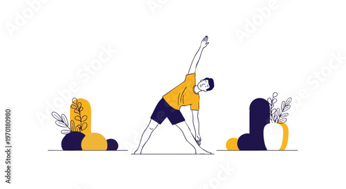Man Practicing Triangle Yoga Pose in Flat Vector Illustration
