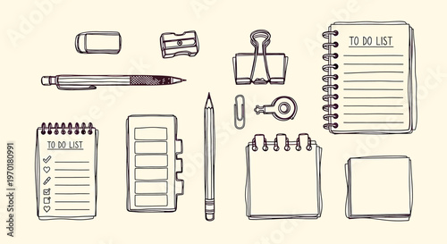 Vintage stationery collection hand drawn sketches of office supplies isolated on transparent background