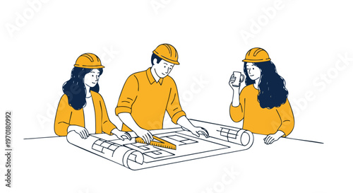 Team of Architects and Engineers Reviewing Building Blueprint