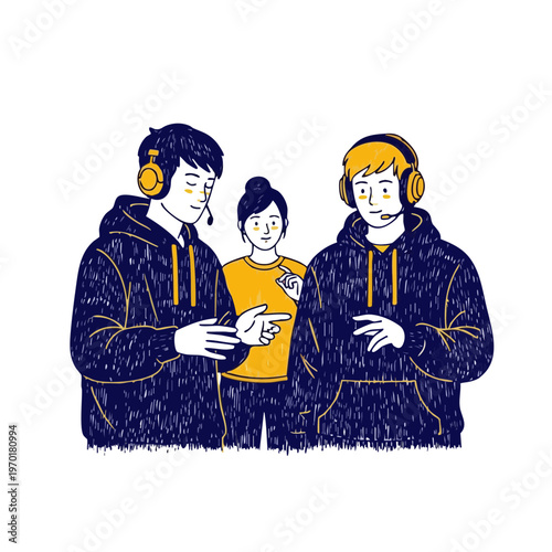 Young gamers or tech support team wearing headsets and blue hoodies