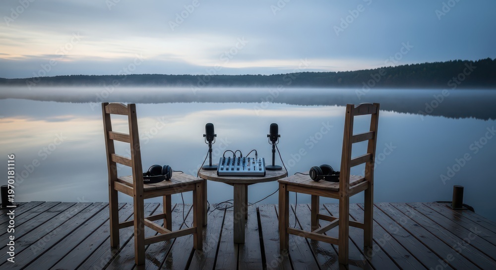 Obraz premium Audio recording equipment sits on a small table between two wooden chairs overlooking a serene misty lake at dawn.