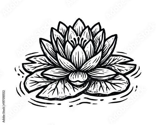 A beautiful hand drawn water lily flower with leaves floating on water against transparent background