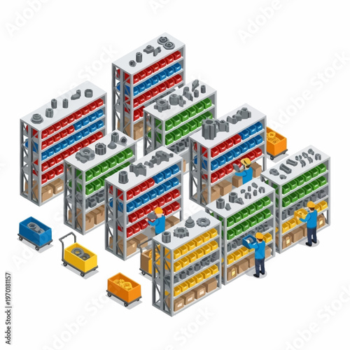 Isometric Warehouse with Workers and Shelves Stocked with Goods.
