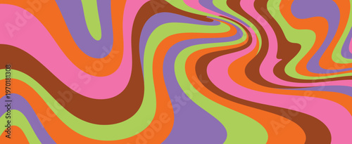 Abstract psychedelic retro wavy colorful flowing bands with bright pink, orange, green, purple, and brown twisting fluid dynamic artistic design