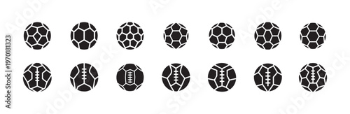 Set of sixteen various sports balls icons collection in solid black style