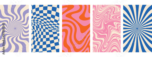Abstract optical illusion set of five panels with spiral waves, warped checkerboard, fluid marbled lines, soft swirls, radial starburst