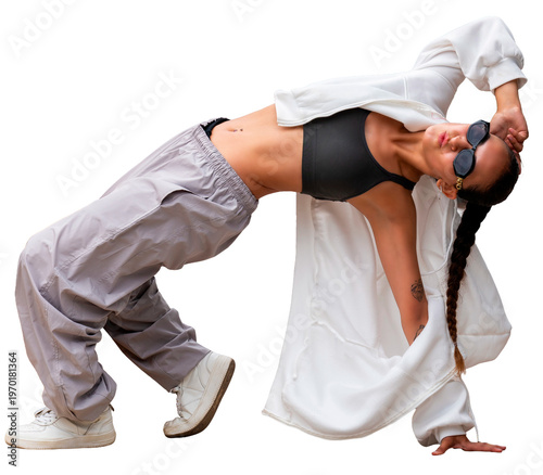 Foto Woman performing a hip-hop dance move, showing flexibility and athletic movement