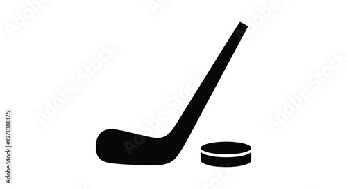 A stark black silhouette depicts a hockey stick positioned beside a puck on a white background silhouette