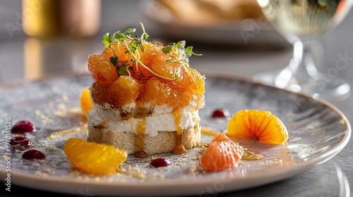 A gourmet fine dining plating of deconstructed Aperol Spritz trifle on a marble plate with artistic citrus accents