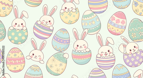 Delightful Seamless Pastel Easter Pattern with Adorable Cartoon Bunnies Peeking from Beautifully Decorated Eggs, Creating a Cheerful Holiday Background