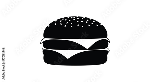 A stark black silhouette depicts a classic cheeseburger with stacked layers and sesame seed details silhouette high quality