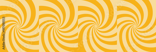 Seamless repeating pattern of four identical swirling spirals with alternating orange and beige curved bands radiating outward creating symmetry