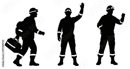 Construction Worker Silhouettes in Safety Gear Posing and Carrying Bag Minimalist Vector Style