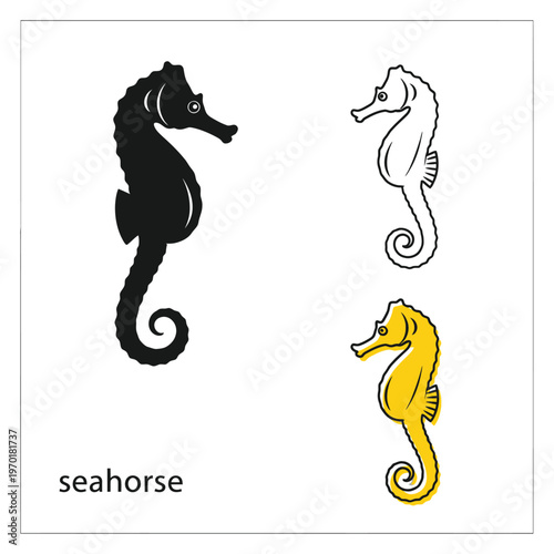 Set of seahorse silhouettes icons in different styles isolated on white background.