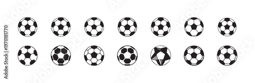 Set of sixteen traditional soccer ball icons showcasing different drawing styles and outlines