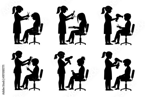 A stylist is cutting and styling hair in a salon chair from various angles.